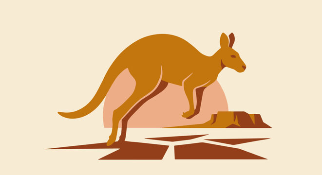  minimalist, flat vector illustration of a massive Red Kangaroo silhouette leaping across a stylized landscape. The style uses a limited, warm palette of deep ochre for the kangaroo, burnt umber
