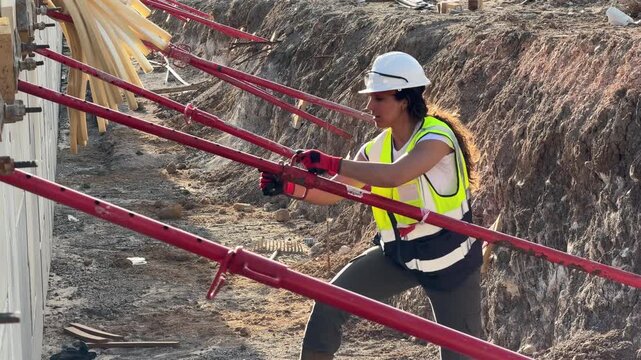 Female construction worker installing shoring props at a building site