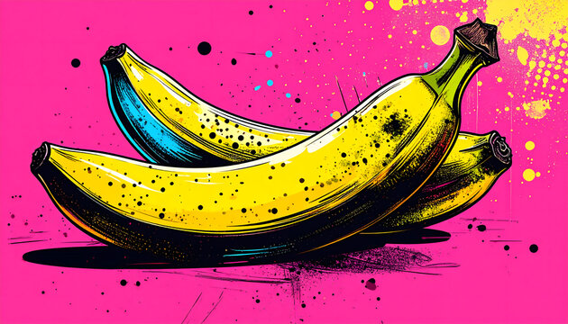 Vibrant Pop Art illustration of a peeled banana with bold black outlines yellow and cyan colors on hot pink background generative AI