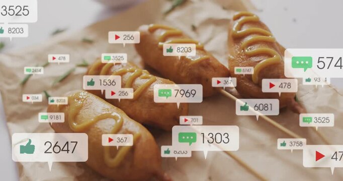 Bubbles popping from edges covering three corn dogs, rising then fading, showing social buzz