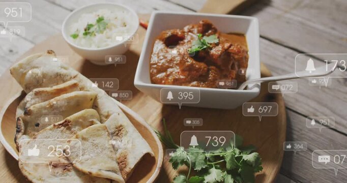 Badges popping over curry, naan on upload peaking, drifting, showing likes for food