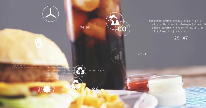 Plated meal shifting left as camera panning, CO2 and chart icons annotating food for marketing
