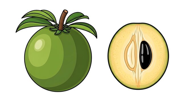 A whole green sapodilla fruit beside a cross section revealing the pale flesh and seed illustration
