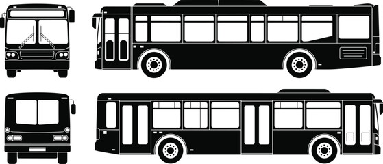 Bus silhouette illustration, front view bus, side view bus, transportation icon, vehicle outline, public transit design, travel graphic, commuter bus art © MdAriful