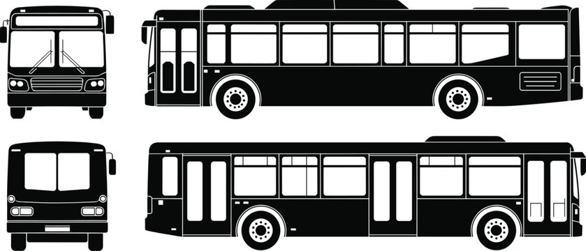 Bus silhouette illustration, front view bus, side view bus, transportation icon, vehicle outline, public transit design, travel graphic, commuter bus art