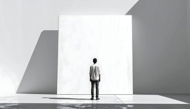 Conceptual graphic illustration of a tiny artist standing before a massive white canvas with soft shadows and negative space generative AI