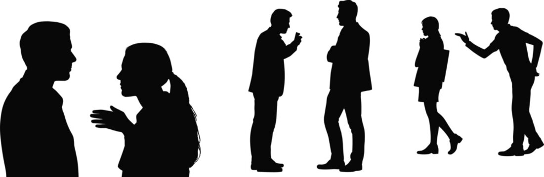 Silhouette people arguing, conflict discussion, heated debate, interpersonal communication, disagreement concept, emotional tension, relationship issues, social behavior, confrontation scene