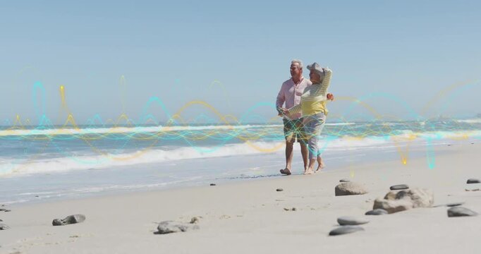 Senior couple entering frame, showing health UI as woman tipping hat, embracing, pausing for health