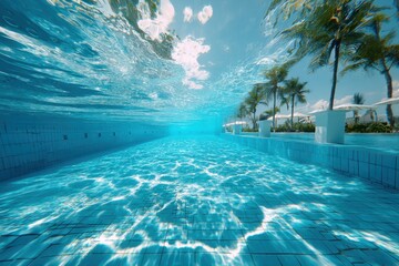 Obraz premium Underwater View Empty Swimming Pool Bottom Sunlight Clear Blue Water