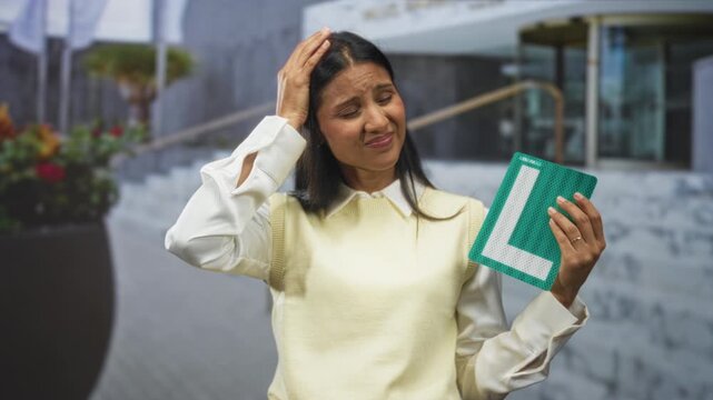 Woman holding green learner plate, palm up and hand on head outside a building entrance; frustration.