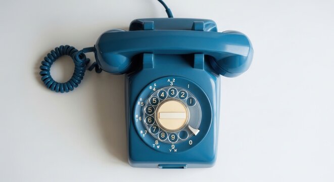 A classic blue rotary dial phone isolated against a white backdrop