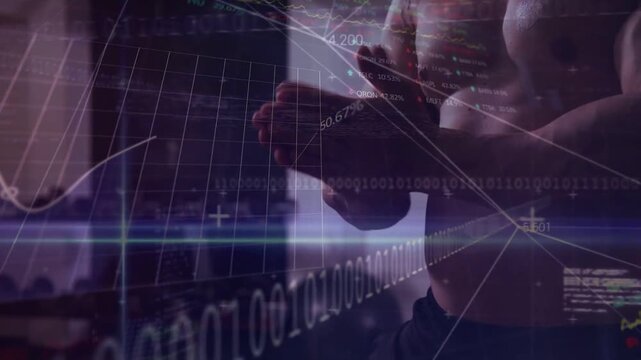 Close-up hands rubbing initiating ritual, man preparing workout while code and graphs scrolling