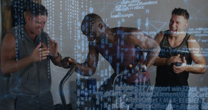 Man boarding stepper pushing handles to finish fitness set while partners cheering, code overlaying