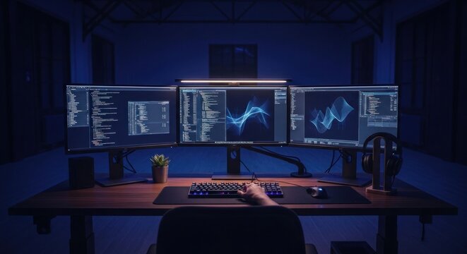 A coder works late on three monitors, lit by desk light, in a dark room
