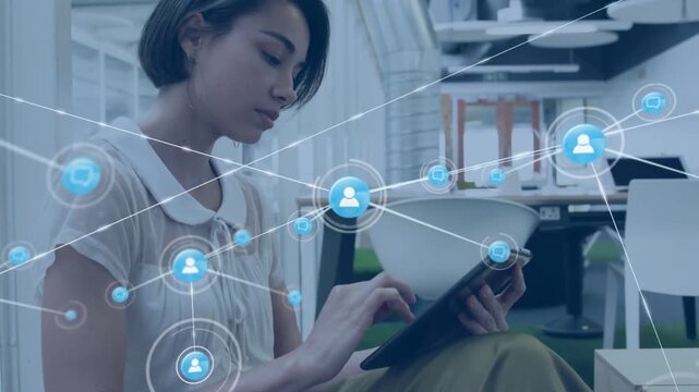 Woman tapping tablet initiating circular UI and expanding blue nodes, visualizing network growth
