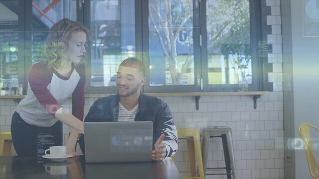 Server placing cup in cafe and guiding client on laptop, faint UI overlays reacting to pointing