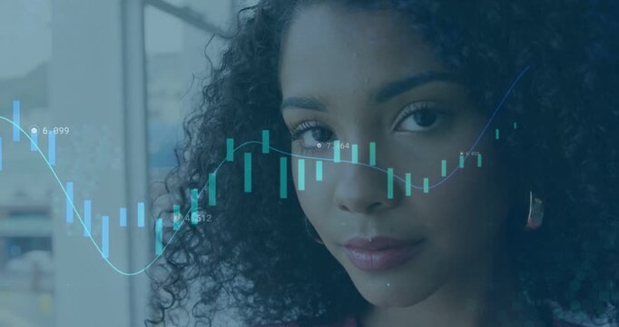 Woman shifting gaze close-up, finance candles and curved line sweeping across face causing analysis