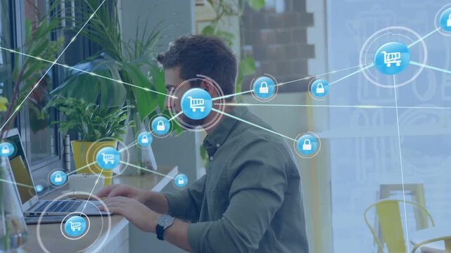 Vertical video: UI popping over man typing, cart and lock icons growing, showing online security