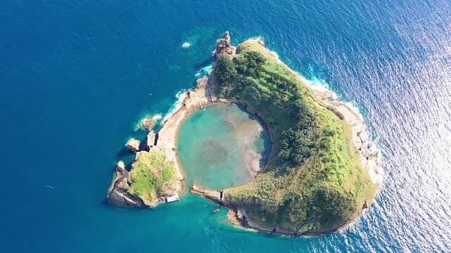 Aerial view of Ilheu de Vila Franca do Campo crater island, Sao Miguel, Azores, Portugal