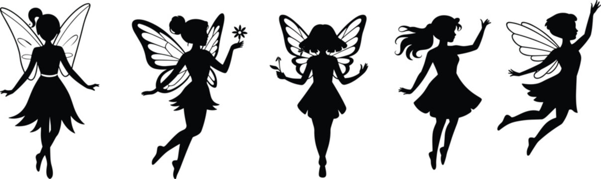 Fairy silhouettes, magical wings, fantasy figures, whimsical design, folklore icon, enchanted pose, mystical art, black outline, mythical creature, imaginative illustration