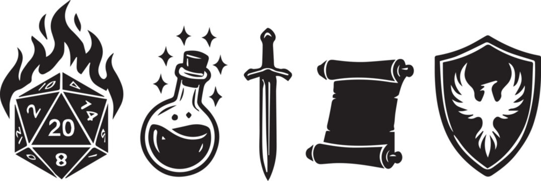 Fantasy Tabletop RPG Icons Set with D20 Flaming Die, Magic Potion, Sword, Scroll, and Phoenix Shield Vector