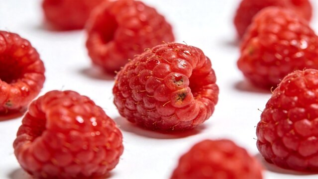Fresh red raspberries on white surface