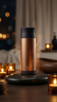 Zen Hydration Set. Lifestyle-Ready Soccer/Football Product Mockup. Everyday Usability. A matte-finish copper-colored insulated flask sitting on a smooth river-stone base, set in a dim, spa-like studio