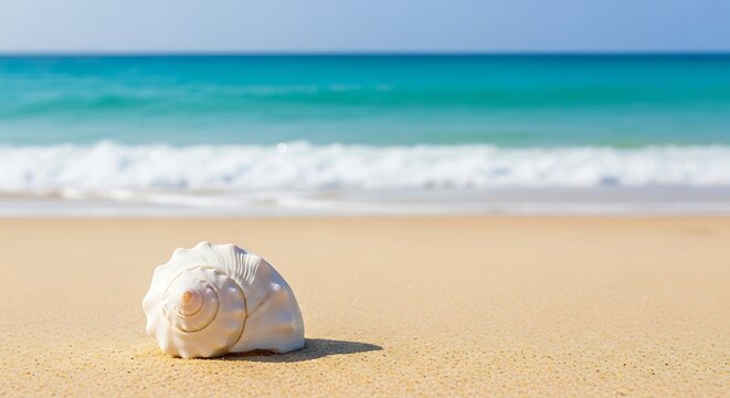 A single white seashell resting peacefully on the golden sand of a tropical beach by the ocean