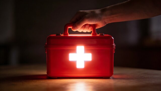 Hand holding red first aid kit