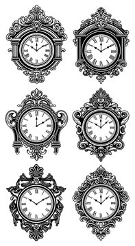 Collection of Vintage Ornate Wall Clocks with Roman Numerals