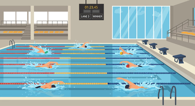 Competitive swimming race in indoor pool with swimmers and scoreboard