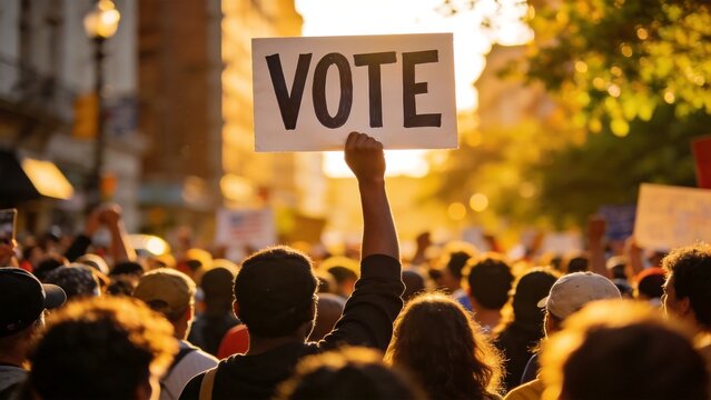 Crowd holding vote sign at protest