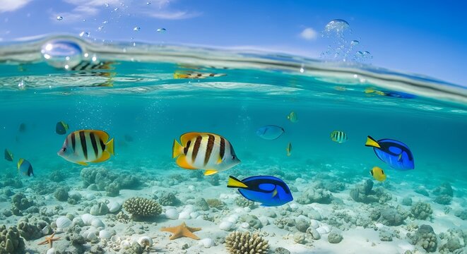 A vibrant split-level view of a tropical coral reef teeming with colorful fish in clear blue water