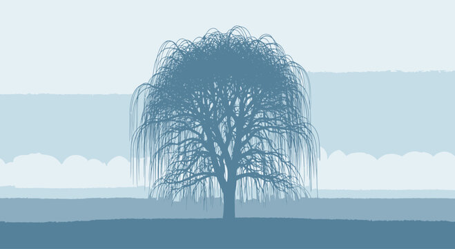 Serene Weeping Willow Tree Silhouette Against Misty Blue Horizon
