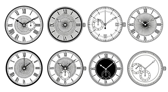 Vintage Pocket Watch Faces Collection - Antique Timepieces Illustration