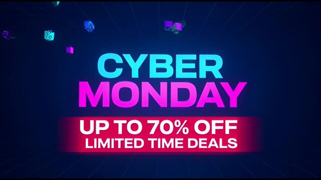 Glowing Cyan Cyber Monday Sale Banner with Gift Box on Dark Background shopping discount