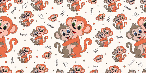 Vector Seamless Pattern with Punch monkey his mom and doodle element isolated light beige background. Perfect child bedroom Wallpaper print kids textile fabric printing design. Editable stroke EPS 10 © Svetlana