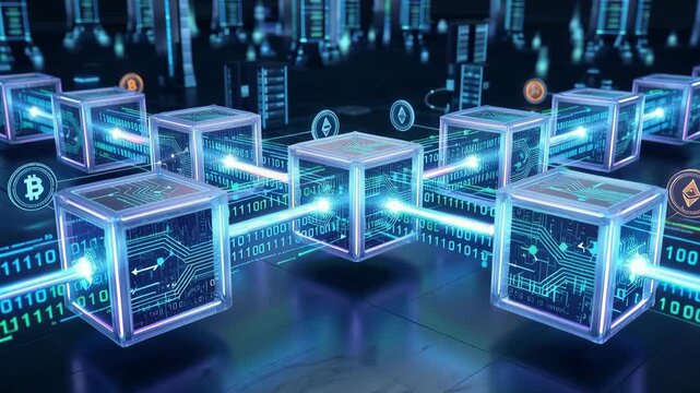 This digital blockchain connectivity highlights key elements of the digital age: interconnected blocks and a visual representation of the blockchain revolution.