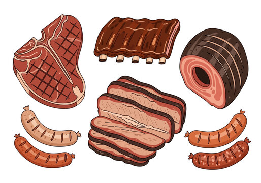 Illustration of various barbecued meats including steak ribs brisket slices roast and sausages