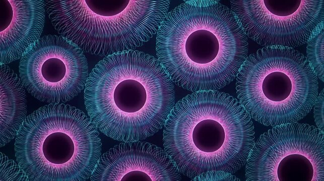 Macro view of teal and pink neon glowing circular cells filling the entire frame. Abstract digital biology inspired pattern ideal for science technology and medical creative backgrounds.