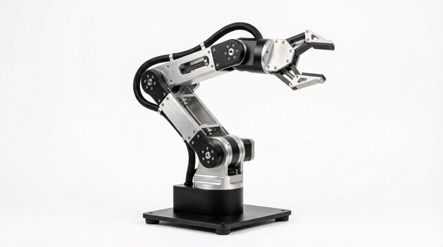 A robotic arm with a claw on a black base isolated on white background