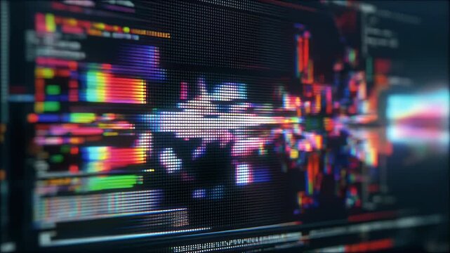 Static close-up of a malfunctioning monitor screen showing vibrant erratic pixel distortions and luminous neon glitches