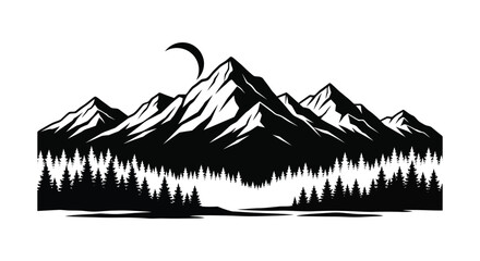 Fototapeta premium A striking black and white mountain range scene with a crescent moon and dense forest rendered as a silhouette high quality