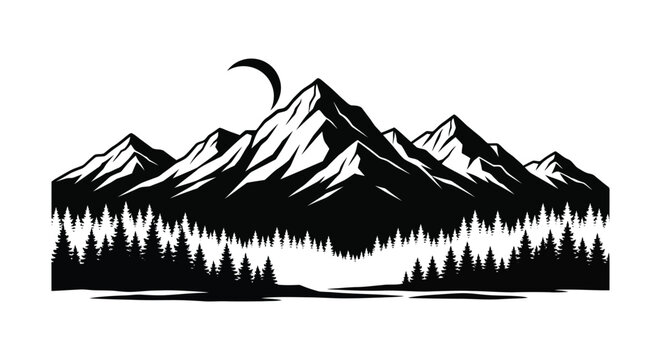 A striking black and white mountain range scene with a crescent moon and dense forest rendered as a silhouette high quality