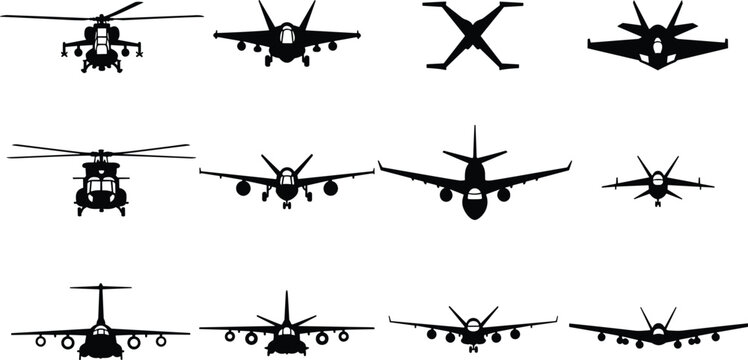 Aircraft silhouettes including helicopters, fighter jets, and transport planes, front view vector illustration for aviation, military, and design themes