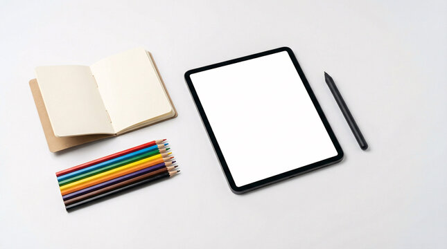 A modern digital tablet with a blank screen rests beside a small open notebook and a neat row of colorful pencils on a clean surface for creative design work sessions isolated on white background