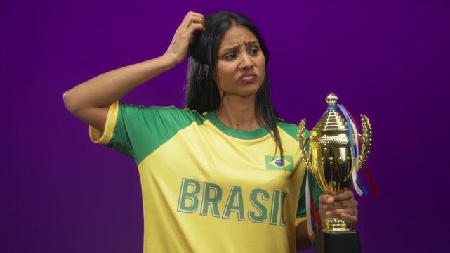 Woman holding trophy scratches head in studio wearing brasil jersey with flag patch, grimacing and inspecting cup while gripping base; confusion doubt.