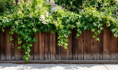 Fototapeta premium a beautiful wooden fence with lush green plants and vines hanging from the top