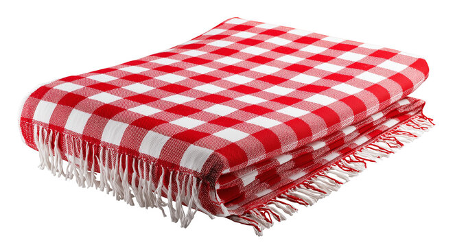 Folded red gingham blanket with fringe isolated on transparent background