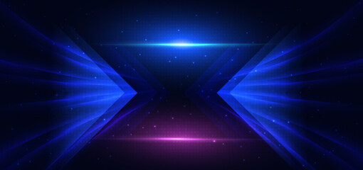 Arrow blue glowing on dark background. Hi tech speed light concept. © chaninan